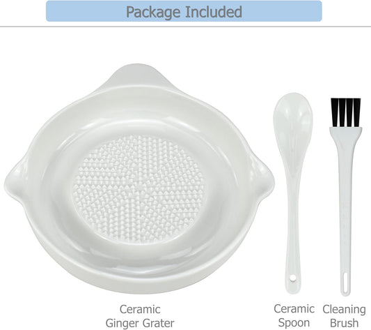 Ceramic Ginger Grater Plate, Grinding Dish, Kitchen Cooking Prep Tool | For Grinding Wasabi Fruits Vegetables Ginger Garlic Cheese, Package with Ceramic Spoon & Cleaning Brush