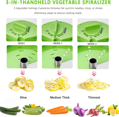 Handheld Low-Carb Spiralizer，3-in-1 Veggie Noodle Maker for Zucchini, Carrots & More, Compact Design for Small Kitchens, Rust-Resistant Stainless Steel Blades(Green)
