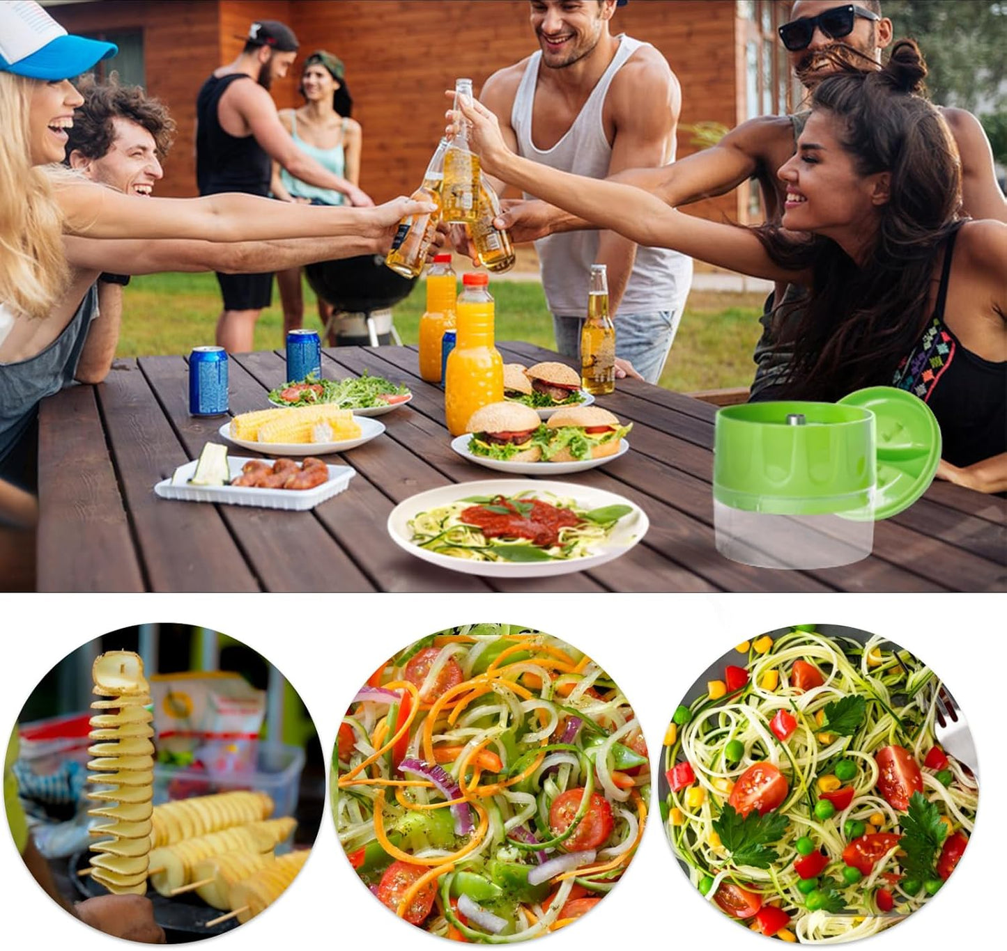 Handheld Low-Carb Spiralizer，3-in-1 Veggie Noodle Maker for Zucchini, Carrots & More, Compact Design for Small Kitchens, Rust-Resistant Stainless Steel Blades(Green)