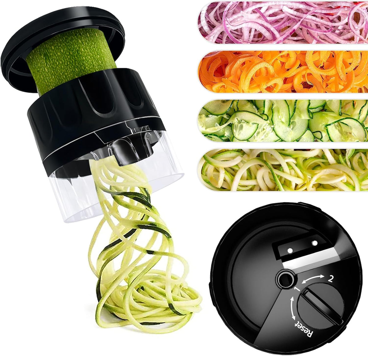 Handheld Low-Carb Spiralizer，3-in-1 Veggie Noodle Maker for Zucchini, Carrots & More, Compact Design for Small Kitchens, Rust-Resistant Stainless Steel Blades(Green)