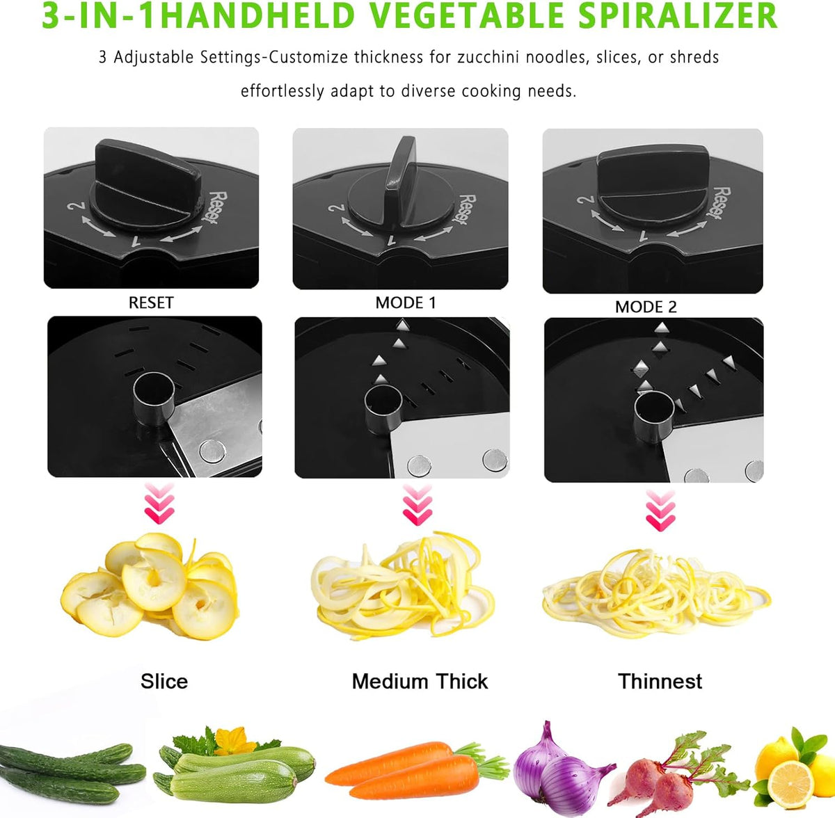Handheld Low-Carb Spiralizer，3-in-1 Veggie Noodle Maker for Zucchini, Carrots & More, Compact Design for Small Kitchens, Rust-Resistant Stainless Steel Blades(Green)