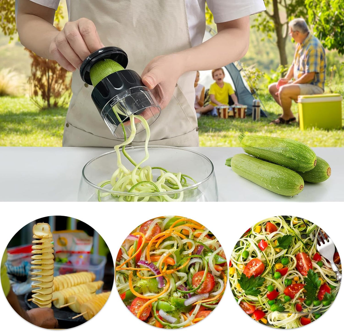 Handheld Low-Carb Spiralizer，3-in-1 Veggie Noodle Maker for Zucchini, Carrots & More, Compact Design for Small Kitchens, Rust-Resistant Stainless Steel Blades(Green)