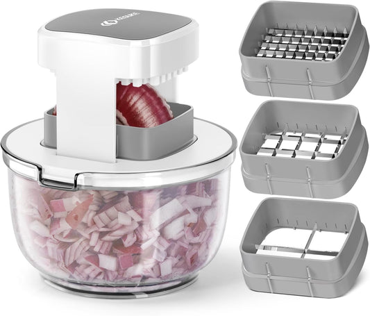 Multifunctional Vegetable Chopper Bowl White - 3 Interchangeable Blades Potato French Fry Cutter with Container & Storage Box Food Chopper Dicer for Cucumber, Tomato, Carrot, Onion