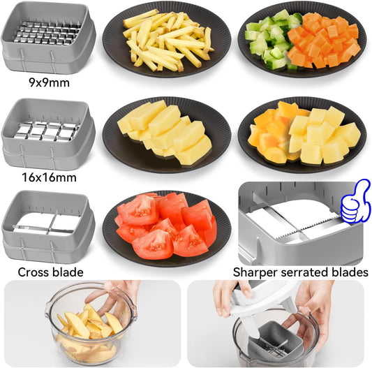 Multifunctional Vegetable Chopper Bowl White - 3 Interchangeable Blades Potato French Fry Cutter with Container & Storage Box Food Chopper Dicer for Cucumber, Tomato, Carrot, Onion