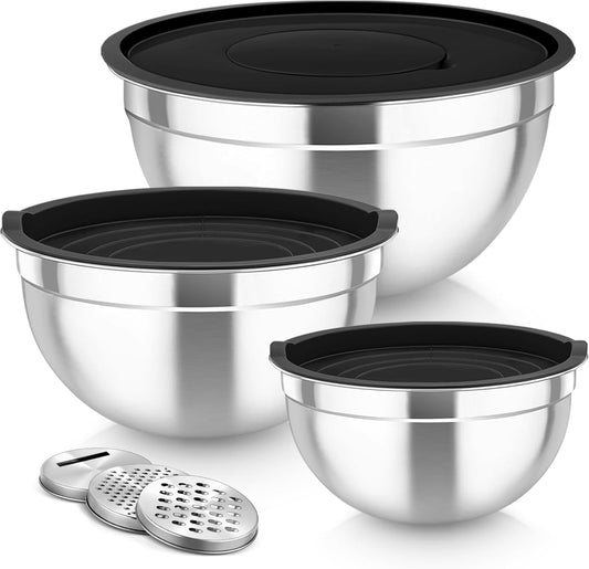 Mixing Bowls, Stainless Steel Nesting Salad Bowls Set | Mixing Bowls with Lids & 3 Grater Attachments, For Mixing/Serving/Storing, Non-toxic & Long-lasting, 4.6/3/1.5 QT, Black