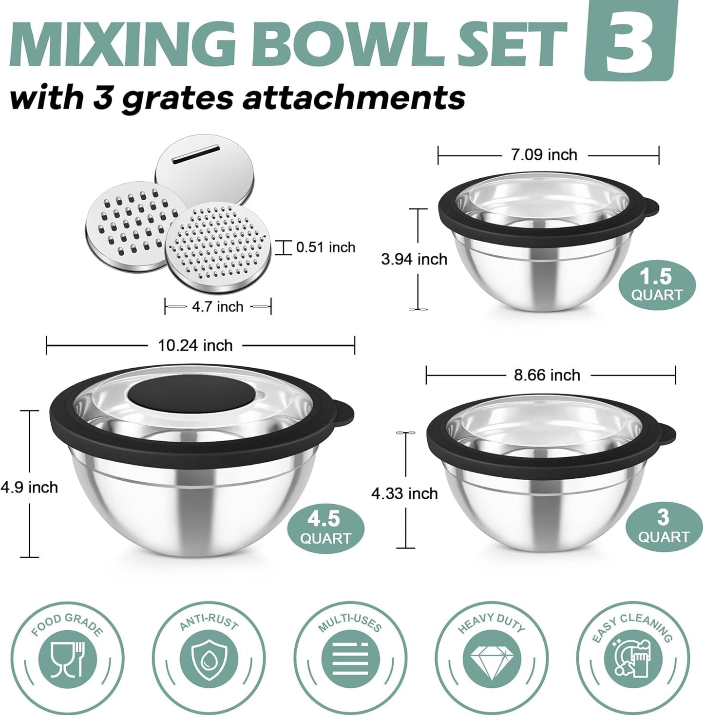 Mixing Bowls, Stainless Steel Nesting Salad Bowls Set | Mixing Bowls with Lids & 3 Grater Attachments, For Mixing/Serving/Storing, Non-toxic & Long-lasting, 4.6/3/1.5 QT, Black