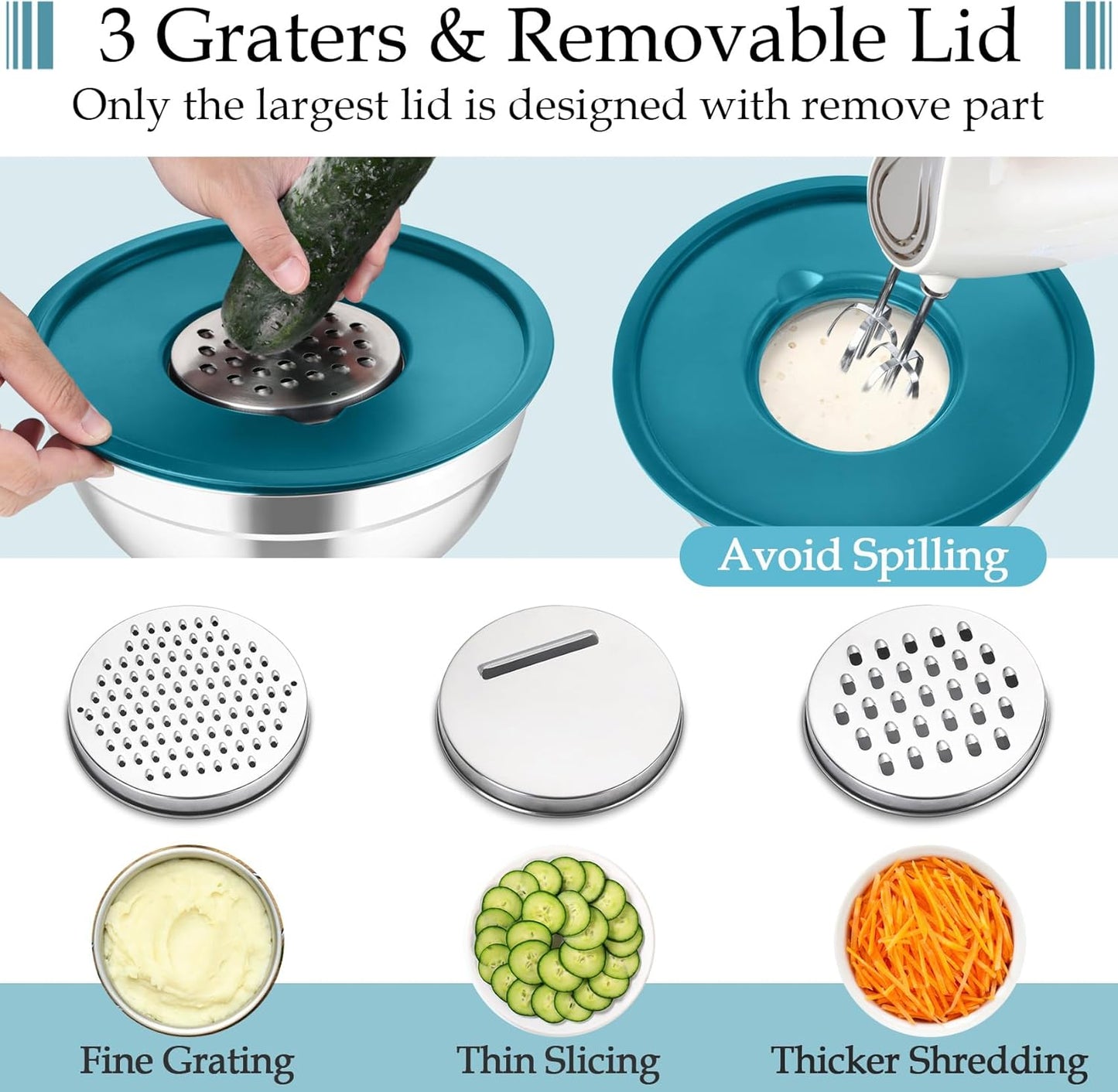 Mixing Bowls, Stainless Steel Nesting Salad Bowls Set | Mixing Bowls with Lids & 3 Grater Attachments, For Mixing/Serving/Storing, Non-toxic & Long-lasting, 4.6/3/1.5 QT, Black