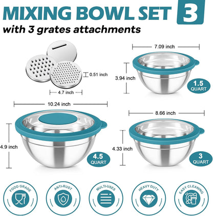 Mixing Bowls, Stainless Steel Nesting Salad Bowls Set | Mixing Bowls with Lids & 3 Grater Attachments, For Mixing/Serving/Storing, Non-toxic & Long-lasting, 4.6/3/1.5 QT, Black