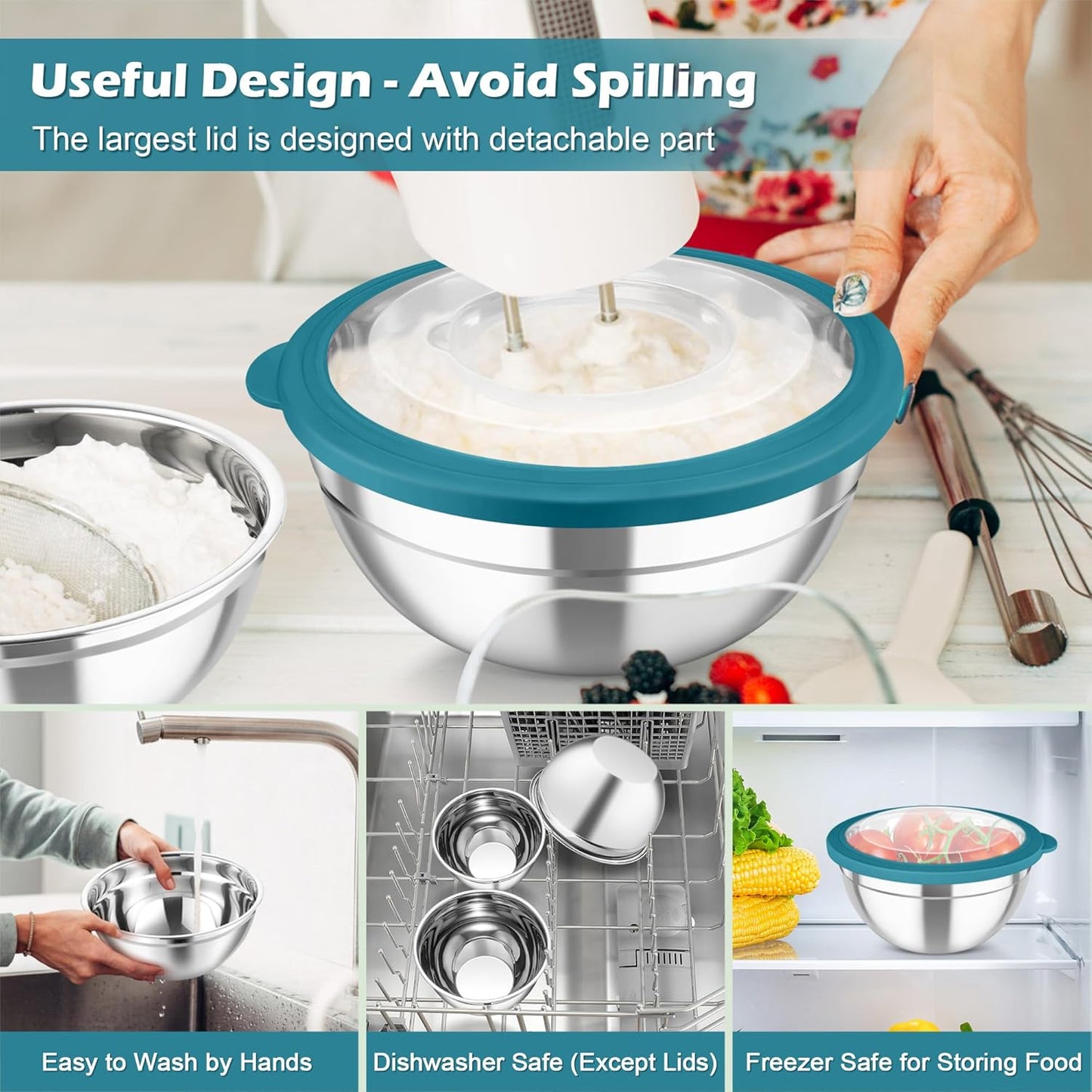 Mixing Bowls, Stainless Steel Nesting Salad Bowls Set | Mixing Bowls with Lids & 3 Grater Attachments, For Mixing/Serving/Storing, Non-toxic & Long-lasting, 4.6/3/1.5 QT, Black