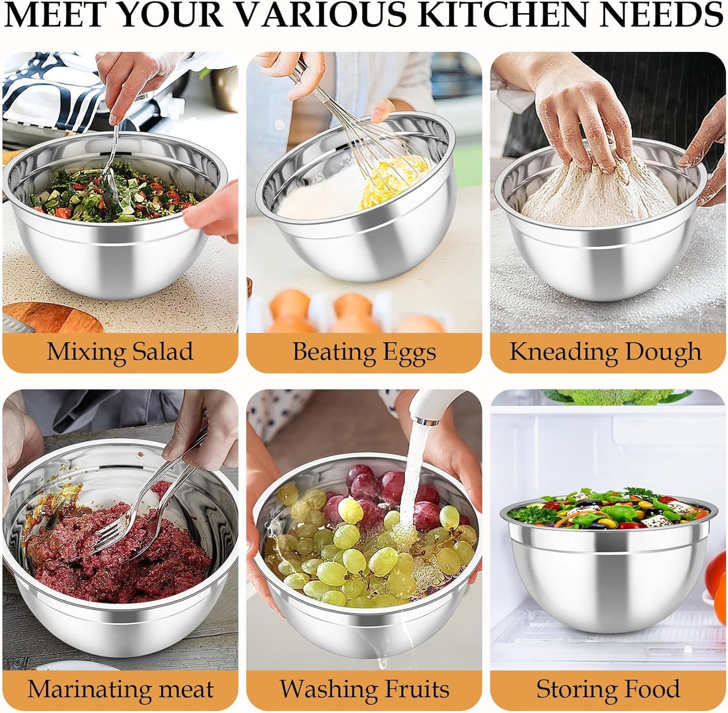Mixing Bowls, Stainless Steel Nesting Salad Bowls Set | Mixing Bowls with Lids & 3 Grater Attachments, For Mixing/Serving/Storing, Non-toxic & Long-lasting, 4.6/3/1.5 QT, Black