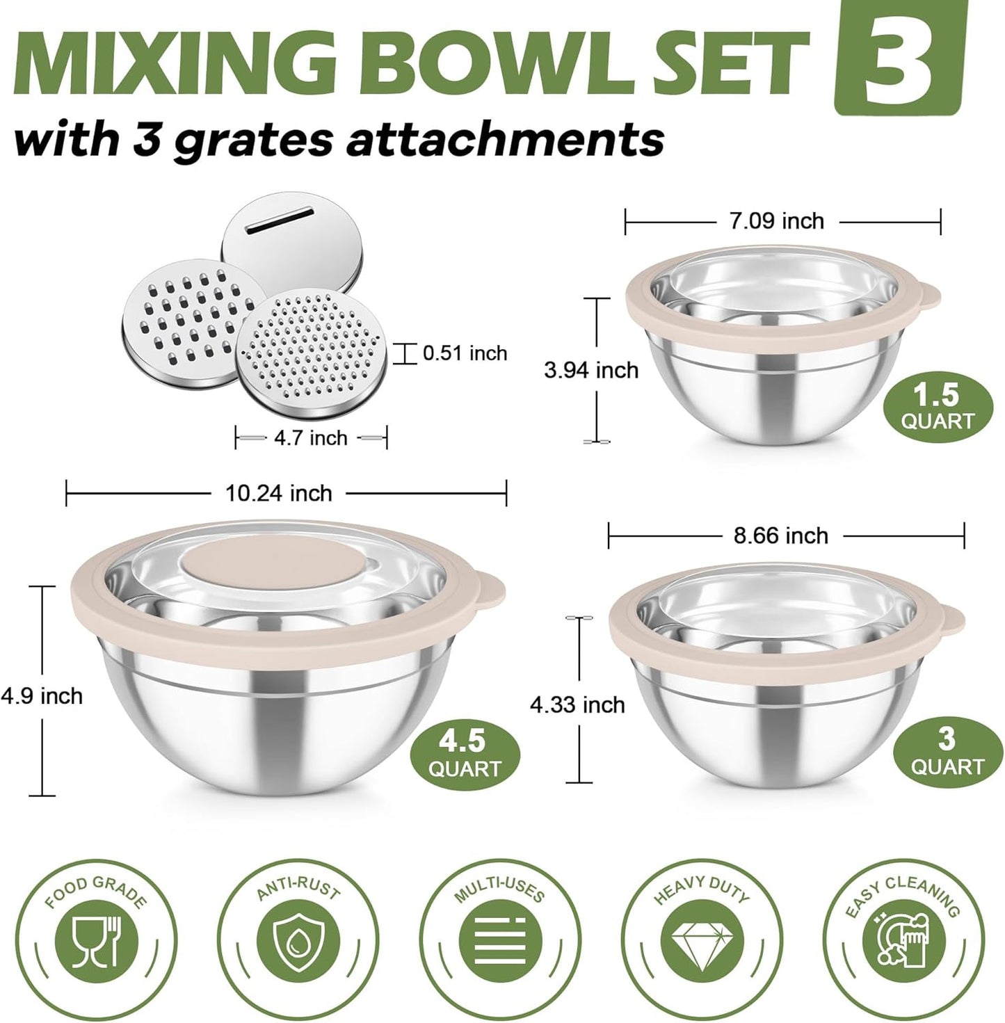 Mixing Bowls, Stainless Steel Nesting Salad Bowls Set | Mixing Bowls with Lids & 3 Grater Attachments, For Mixing/Serving/Storing, Non-toxic & Long-lasting, 4.6/3/1.5 QT, Black