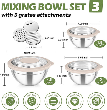 Mixing Bowls, Stainless Steel Nesting Salad Bowls Set | Mixing Bowls with Lids & 3 Grater Attachments, For Mixing/Serving/Storing, Non-toxic & Long-lasting, 4.6/3/1.5 QT, Black