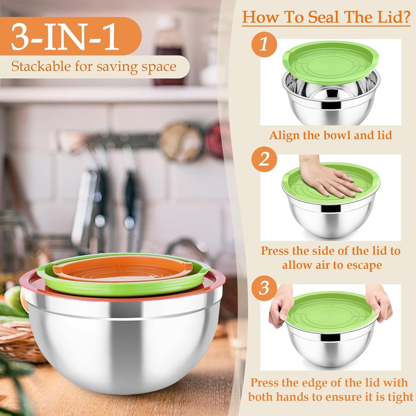Mixing Bowls, Stainless Steel Nesting Salad Bowls Set | Mixing Bowls with Lids & 3 Grater Attachments, For Mixing/Serving/Storing, Non-toxic & Long-lasting, 4.6/3/1.5 QT, Black