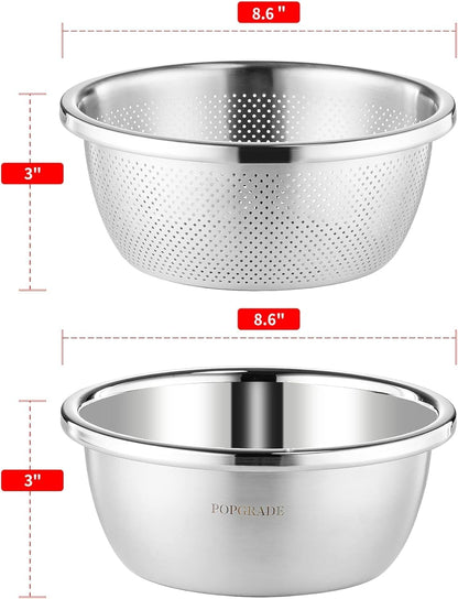 304 Stainless Steel Colander 2QT Microporous Colander & Mixing Bowl for Kitchen Cooking,Rice Strainer with Washing Bowl for Pasta Straining,Fruit Washing,Vegetable Draining(2PCs)