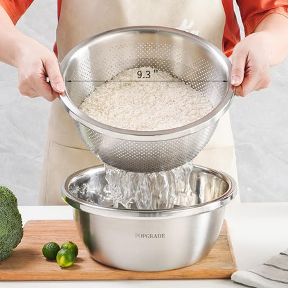 304 Stainless Steel Colander 2QT Microporous Colander & Mixing Bowl for Kitchen Cooking,Rice Strainer with Washing Bowl for Pasta Straining,Fruit Washing,Vegetable Draining(2PCs)