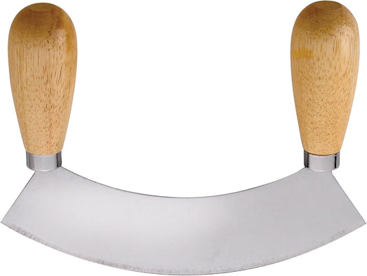 Kitchen Mezzaluna Rocking Chopper And Mincing Knife With Double Handles, Stainless Steel, Rubberwood, For Herbs Vegetables Nuts And More