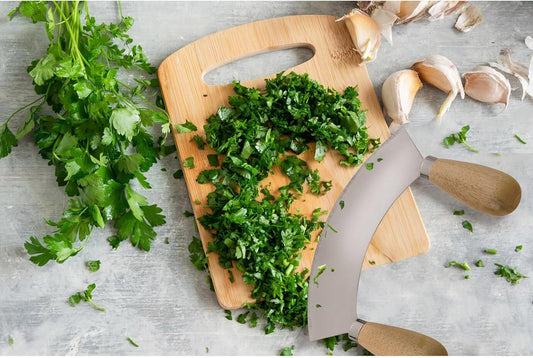 Kitchen Mezzaluna Rocking Chopper And Mincing Knife With Double Handles, Stainless Steel, Rubberwood, For Herbs Vegetables Nuts And More