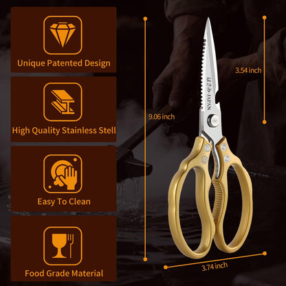 Kitchen Scissors, Multi-Purpose Japanese Kitchen Shears, Heavy Duty Dishwasher Safe Food Scissors for Meat, Chicken, Poultry, Fish & Herbs with Non-Slip Grips - Sliver