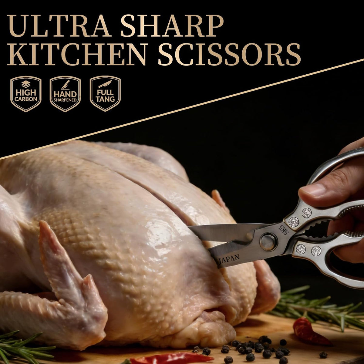 Kitchen Scissors, Multi-Purpose Japanese Kitchen Shears, Heavy Duty Dishwasher Safe Food Scissors for Meat, Chicken, Poultry, Fish & Herbs with Non-Slip Grips - Sliver