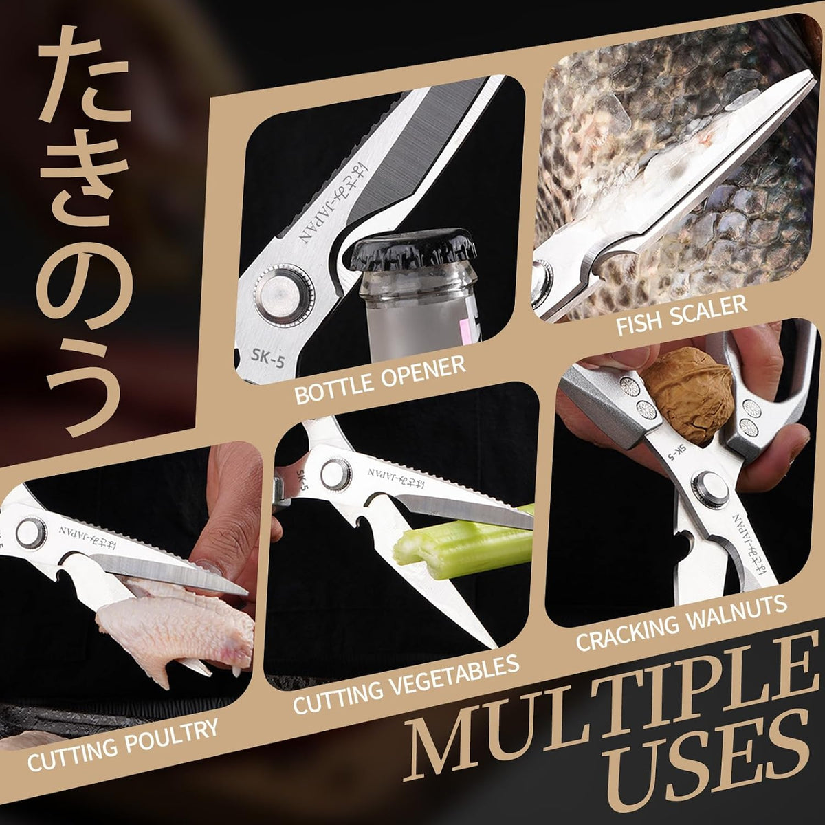 Kitchen Scissors, Multi-Purpose Japanese Kitchen Shears, Heavy Duty Dishwasher Safe Food Scissors for Meat, Chicken, Poultry, Fish & Herbs with Non-Slip Grips - Sliver