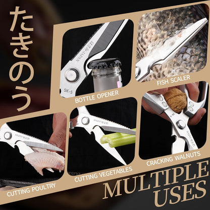 Kitchen Scissors, Multi-Purpose Japanese Kitchen Shears, Heavy Duty Dishwasher Safe Food Scissors for Meat, Chicken, Poultry, Fish & Herbs with Non-Slip Grips - Sliver