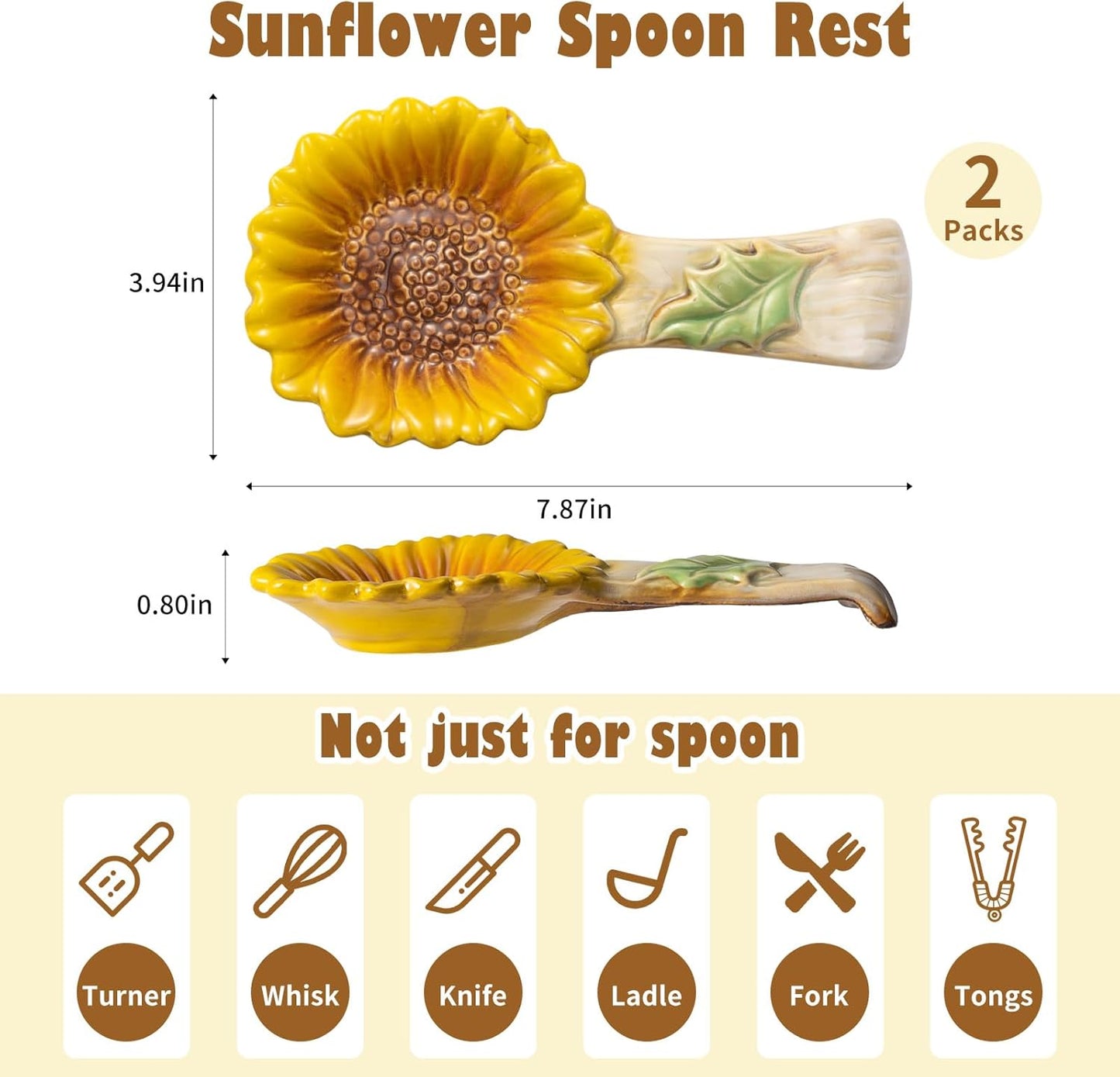 2 Pack Spoon Rest for Stove Top, Sunflower Ceramic Spoon Holder for Kitchen Counter Cooking Utensil Ladle Spatula Holder Cute Spoon Rest Sunflower Kitchen Decor Items House Warming Birthday Gift