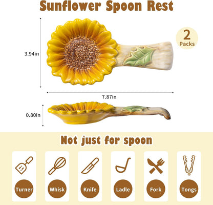 2 Pack Spoon Rest for Stove Top, Sunflower Ceramic Spoon Holder for Kitchen Counter Cooking Utensil Ladle Spatula Holder Cute Spoon Rest Sunflower Kitchen Decor Items House Warming Birthday Gift