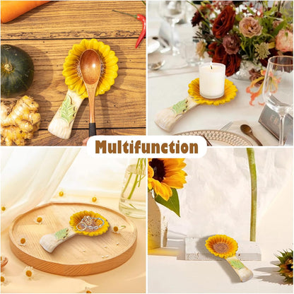 2 Pack Spoon Rest for Stove Top, Sunflower Ceramic Spoon Holder for Kitchen Counter Cooking Utensil Ladle Spatula Holder Cute Spoon Rest Sunflower Kitchen Decor Items House Warming Birthday Gift