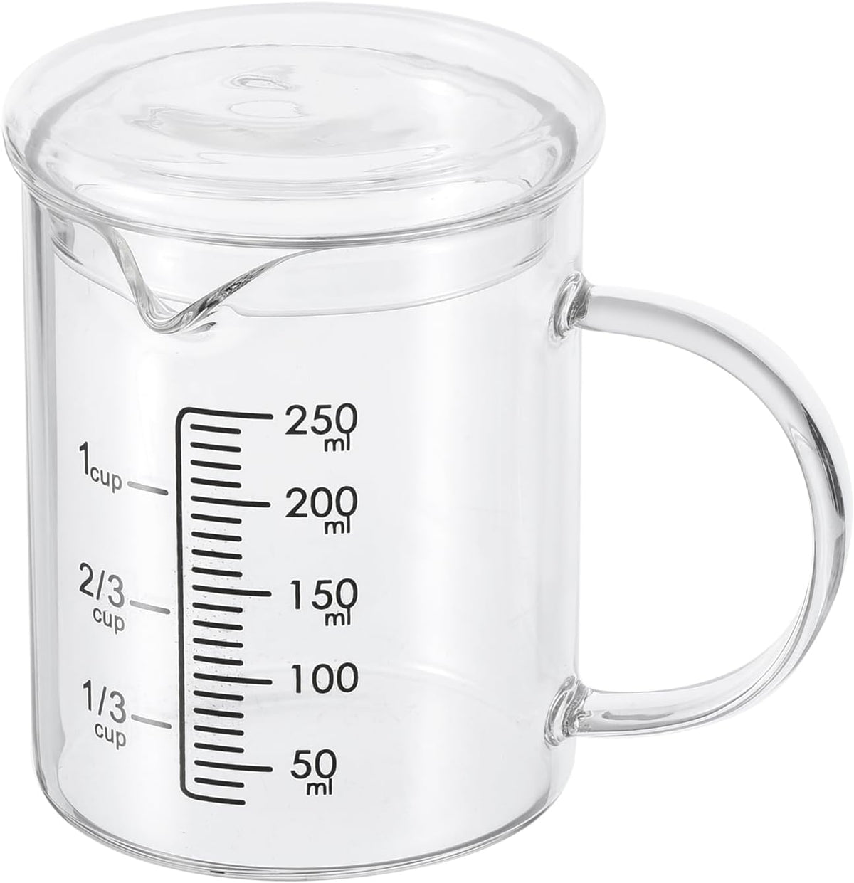 250ml Glass Measuring Cup, 3.3 Borosilicate Graduated Black Printed Scale Liquid Measure Cups Beaker with Glass Lid and V-Shaped Spout for Kitchen