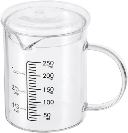 250ml Glass Measuring Cup, 3.3 Borosilicate Graduated Black Printed Scale Liquid Measure Cups Beaker with Glass Lid and V-Shaped Spout for Kitchen