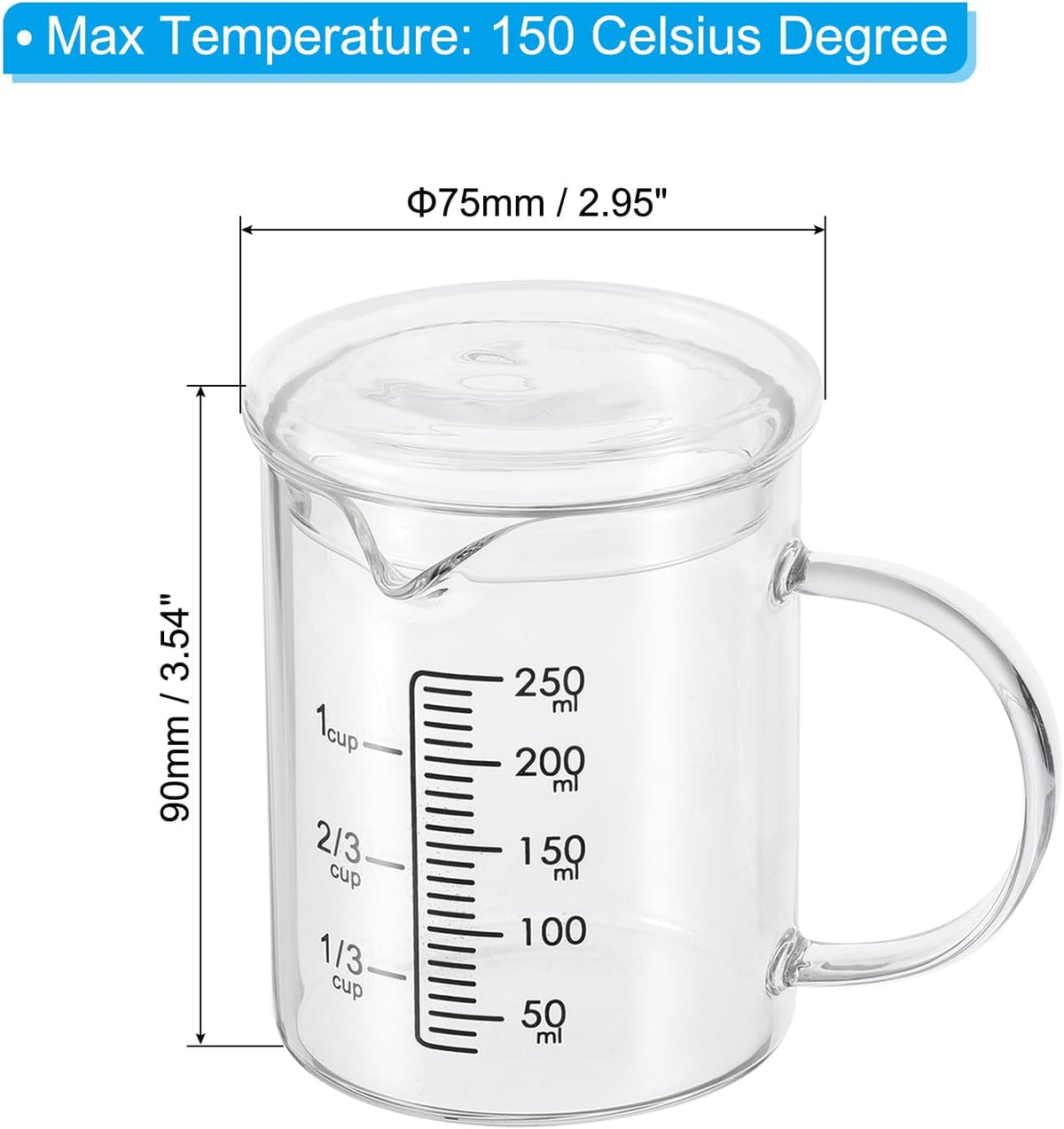 250ml Glass Measuring Cup, 3.3 Borosilicate Graduated Black Printed Scale Liquid Measure Cups Beaker with Glass Lid and V-Shaped Spout for Kitchen