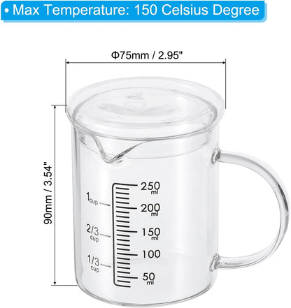 250ml Glass Measuring Cup, 3.3 Borosilicate Graduated Black Printed Scale Liquid Measure Cups Beaker with Glass Lid and V-Shaped Spout for Kitchen