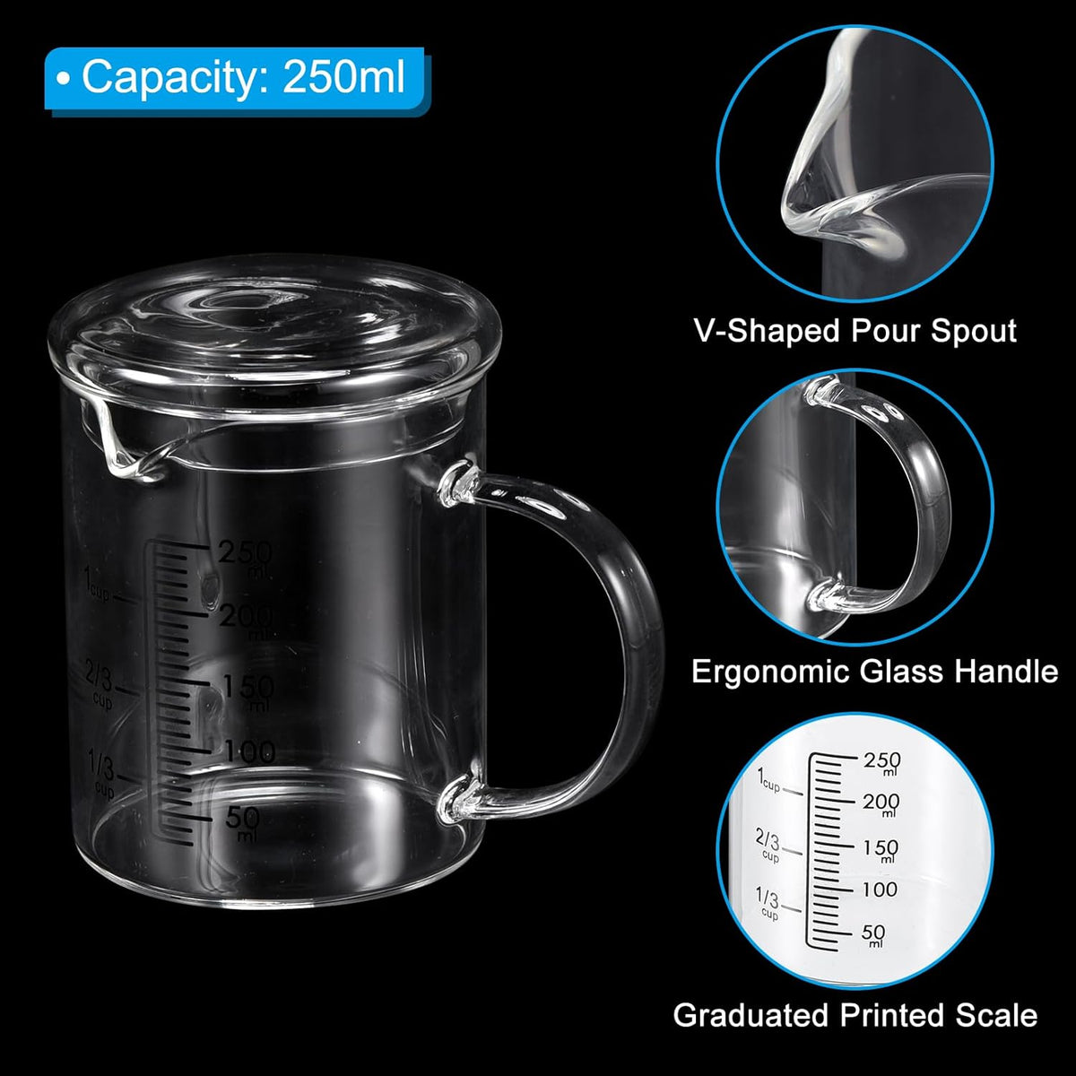 250ml Glass Measuring Cup, 3.3 Borosilicate Graduated Black Printed Scale Liquid Measure Cups Beaker with Glass Lid and V-Shaped Spout for Kitchen
