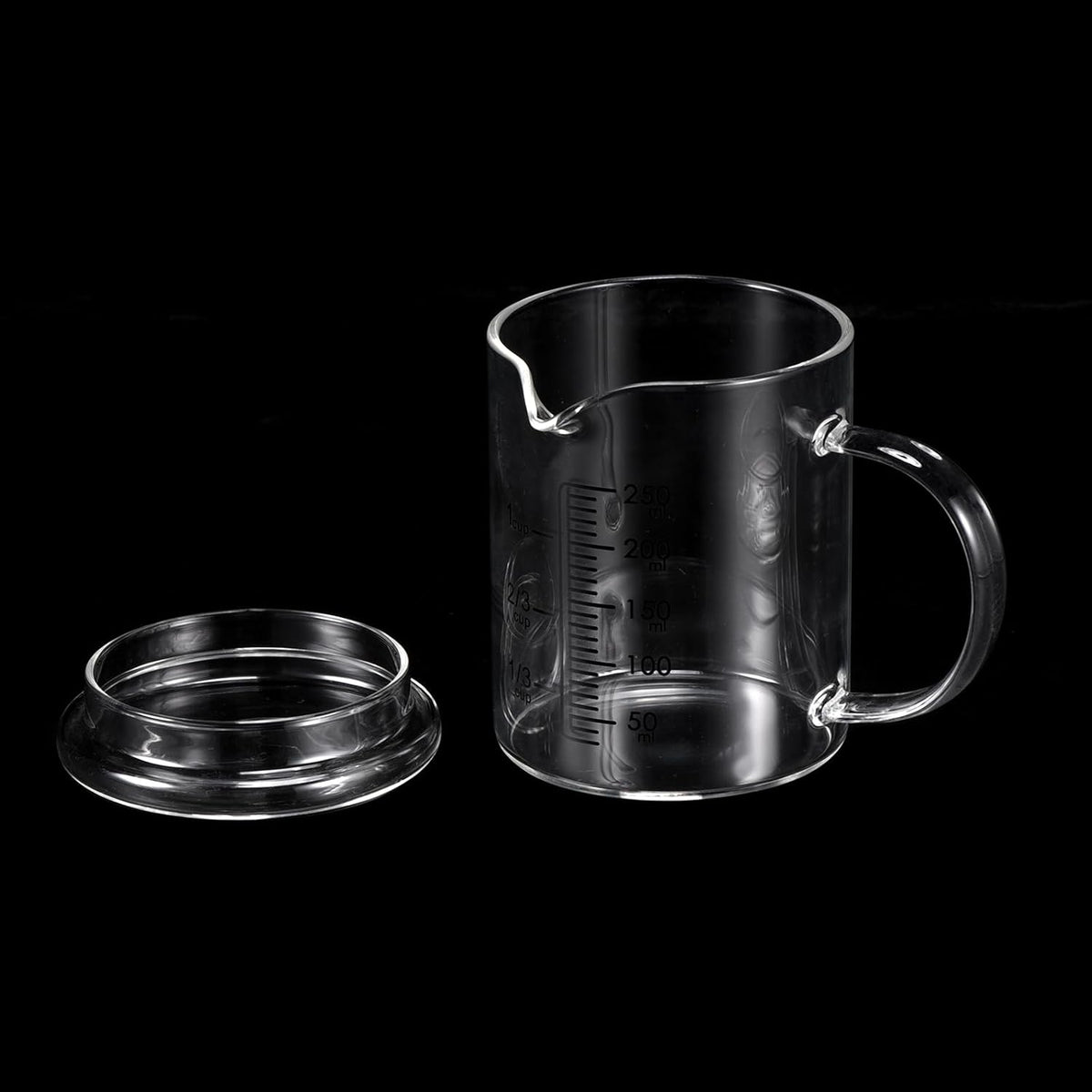 250ml Glass Measuring Cup, 3.3 Borosilicate Graduated Black Printed Scale Liquid Measure Cups Beaker with Glass Lid and V-Shaped Spout for Kitchen