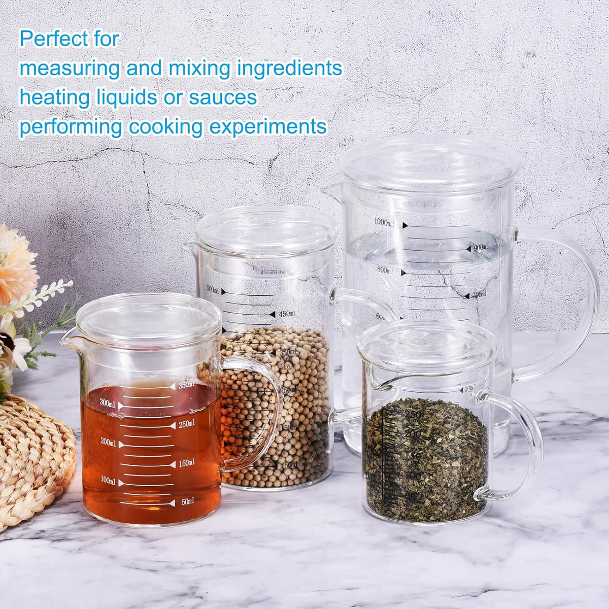 250ml Glass Measuring Cup, 3.3 Borosilicate Graduated Black Printed Scale Liquid Measure Cups Beaker with Glass Lid and V-Shaped Spout for Kitchen