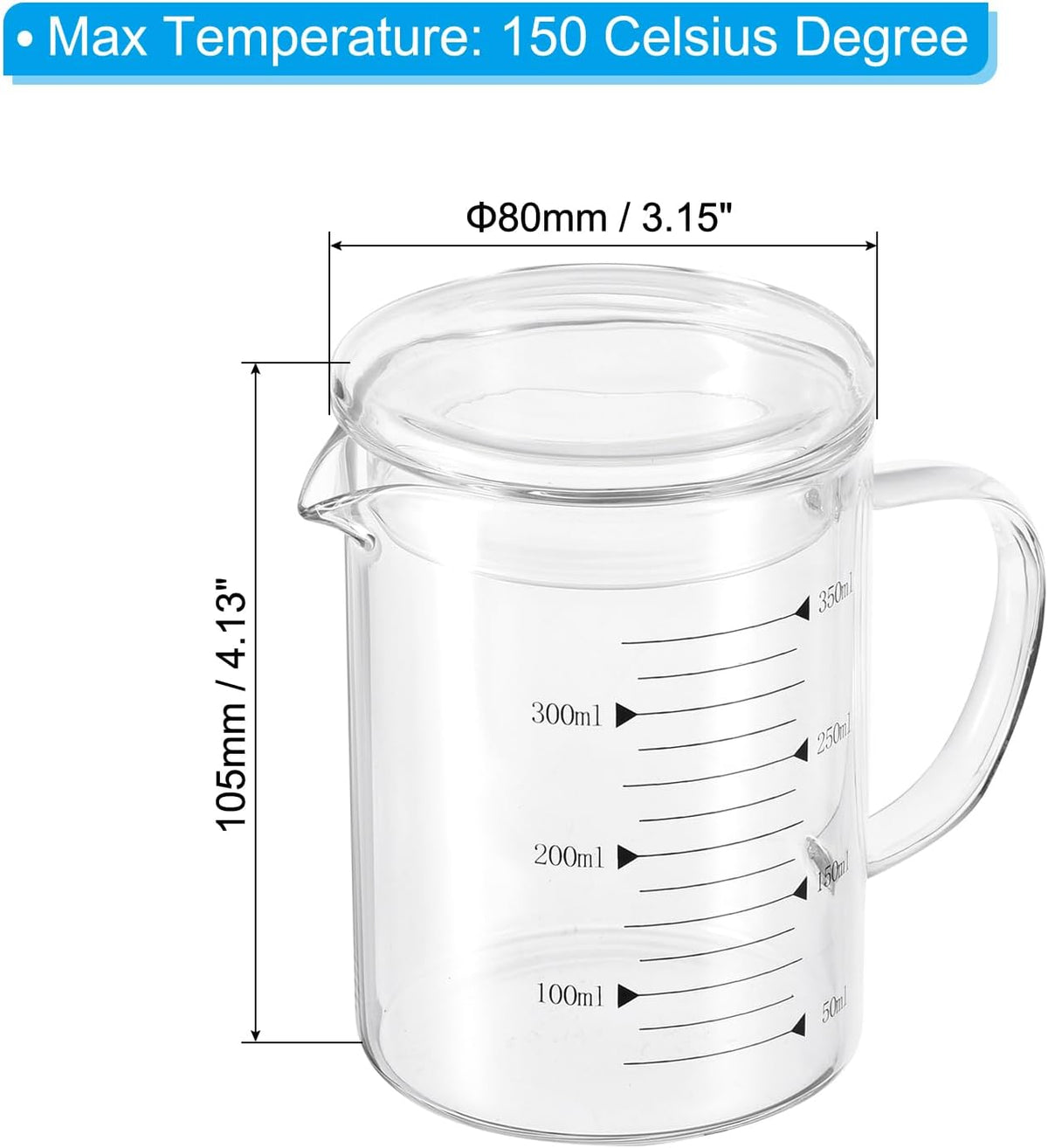 250ml Glass Measuring Cup, 3.3 Borosilicate Graduated Black Printed Scale Liquid Measure Cups Beaker with Glass Lid and V-Shaped Spout for Kitchen