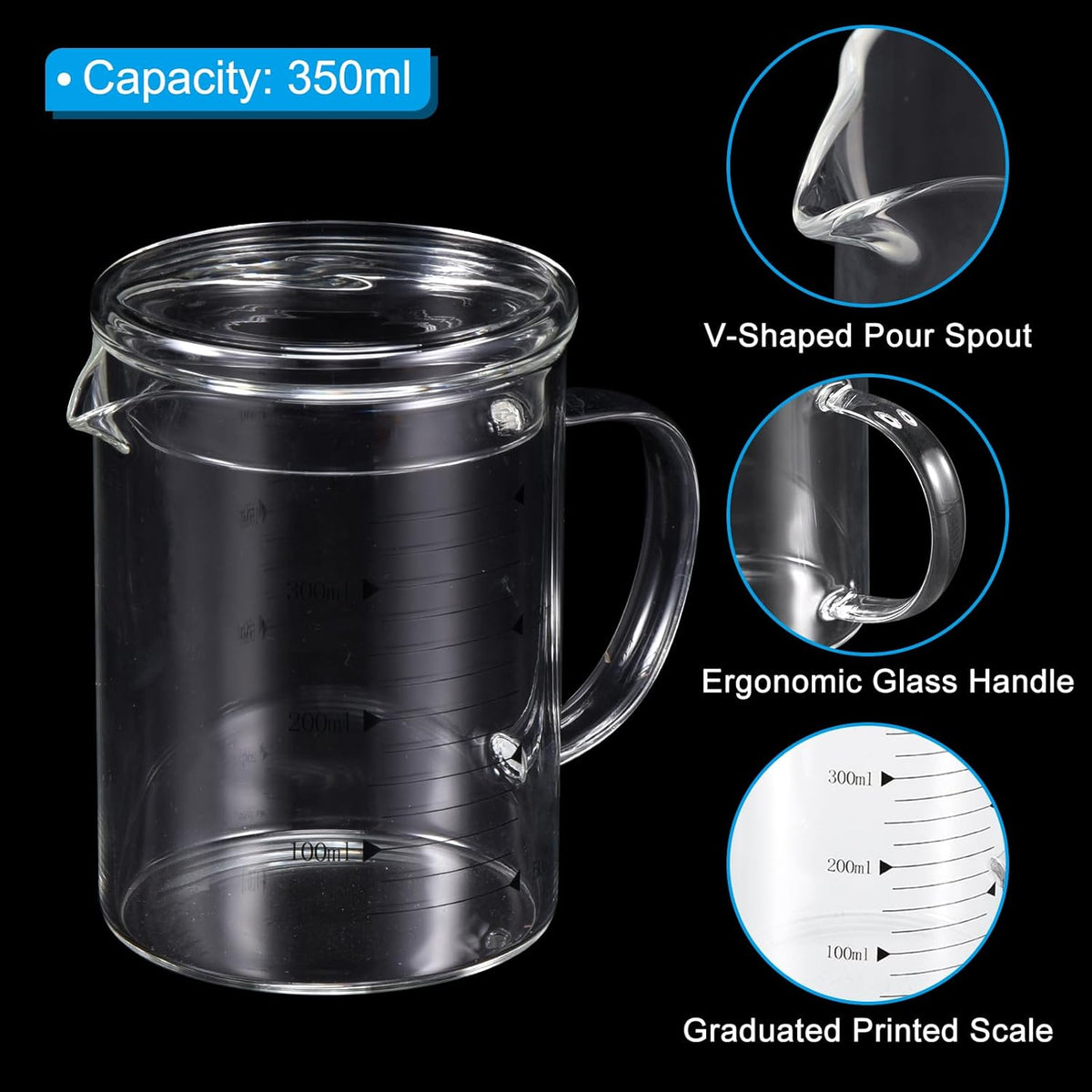 250ml Glass Measuring Cup, 3.3 Borosilicate Graduated Black Printed Scale Liquid Measure Cups Beaker with Glass Lid and V-Shaped Spout for Kitchen
