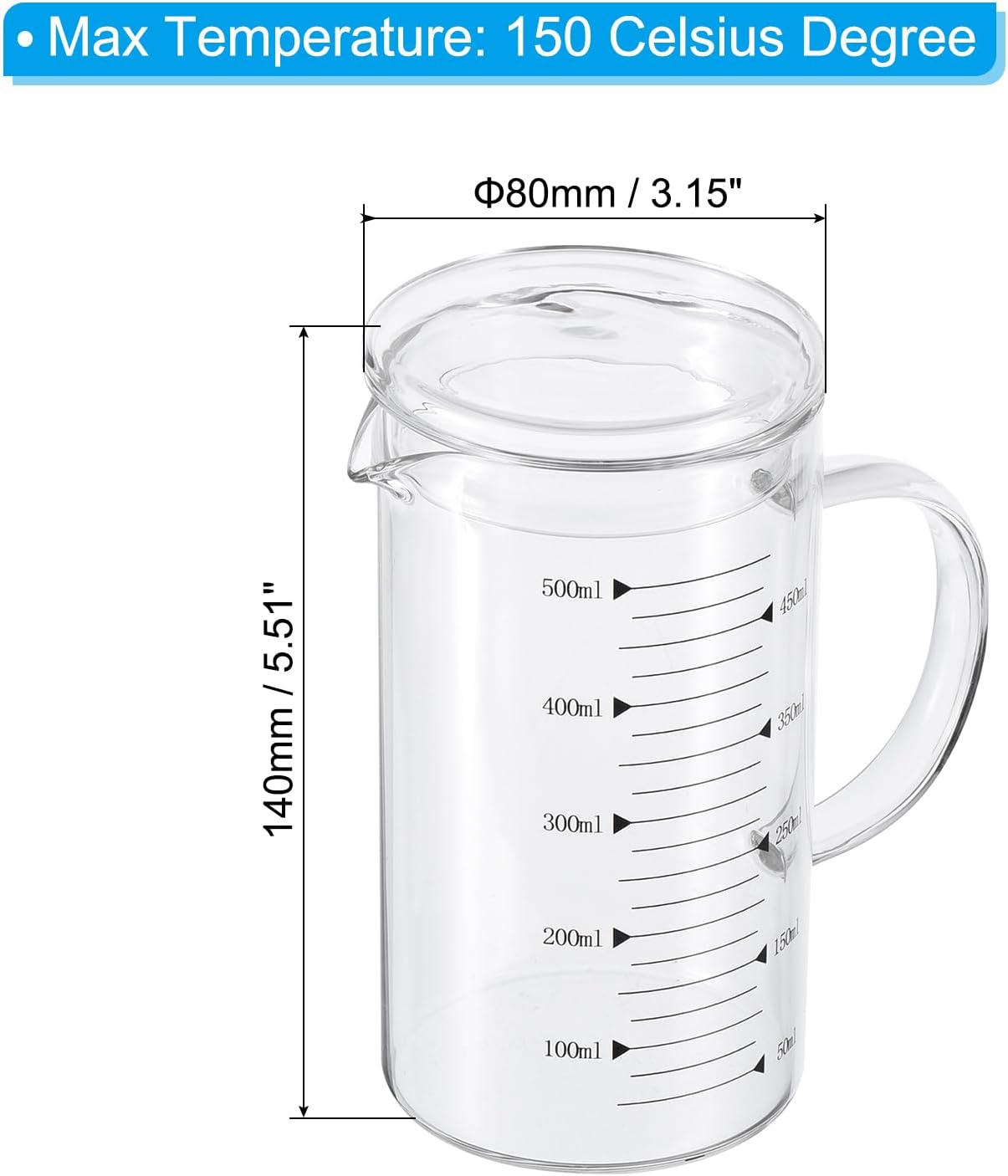 250ml Glass Measuring Cup, 3.3 Borosilicate Graduated Black Printed Scale Liquid Measure Cups Beaker with Glass Lid and V-Shaped Spout for Kitchen