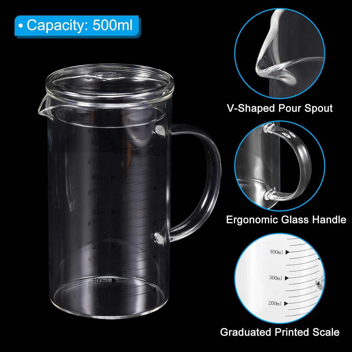 250ml Glass Measuring Cup, 3.3 Borosilicate Graduated Black Printed Scale Liquid Measure Cups Beaker with Glass Lid and V-Shaped Spout for Kitchen