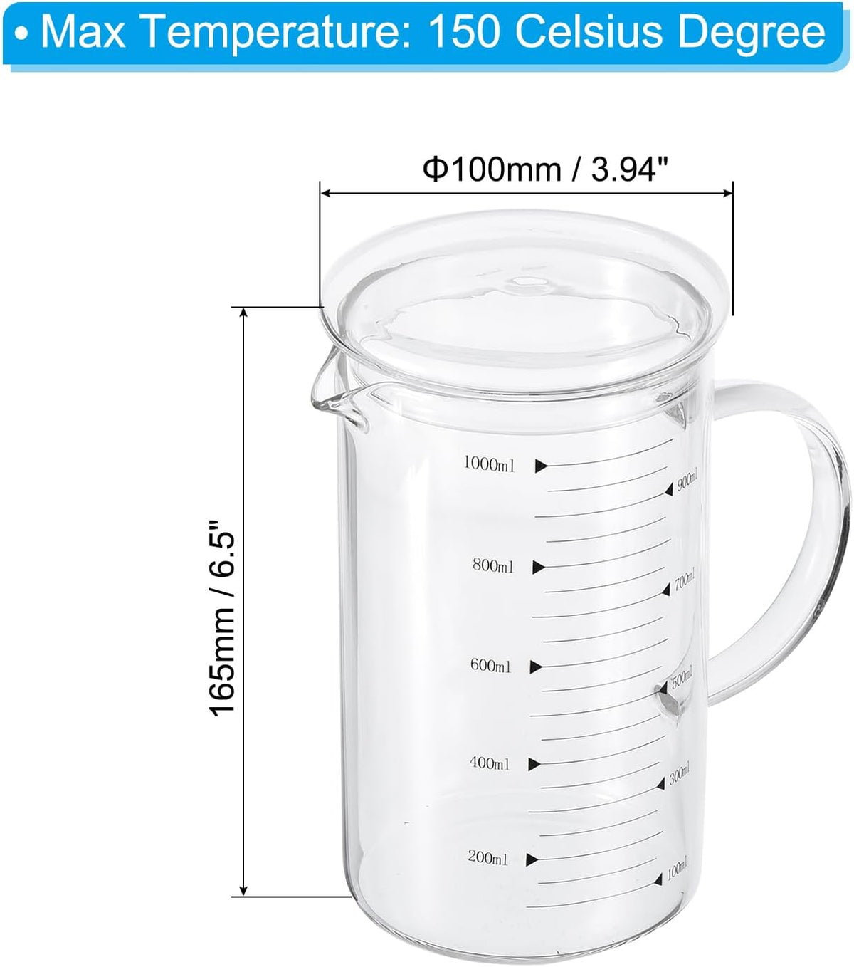 250ml Glass Measuring Cup, 3.3 Borosilicate Graduated Black Printed Scale Liquid Measure Cups Beaker with Glass Lid and V-Shaped Spout for Kitchen
