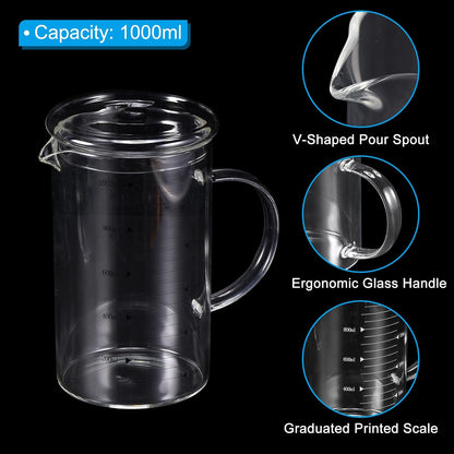 250ml Glass Measuring Cup, 3.3 Borosilicate Graduated Black Printed Scale Liquid Measure Cups Beaker with Glass Lid and V-Shaped Spout for Kitchen