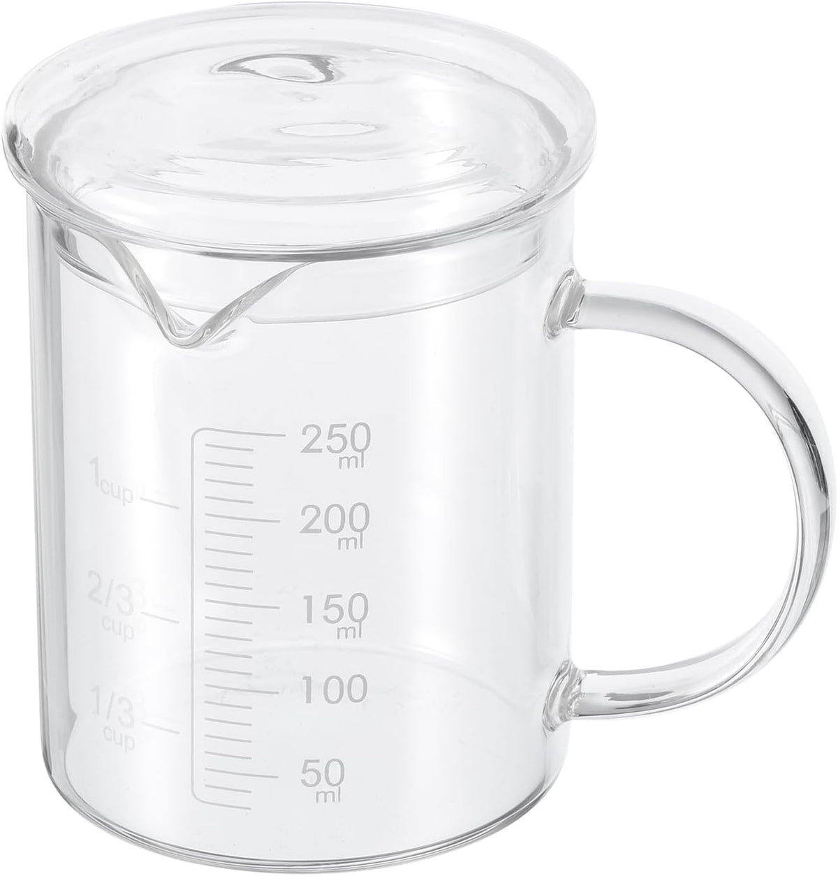 250ml Glass Measuring Cup, 3.3 Borosilicate Graduated Black Printed Scale Liquid Measure Cups Beaker with Glass Lid and V-Shaped Spout for Kitchen