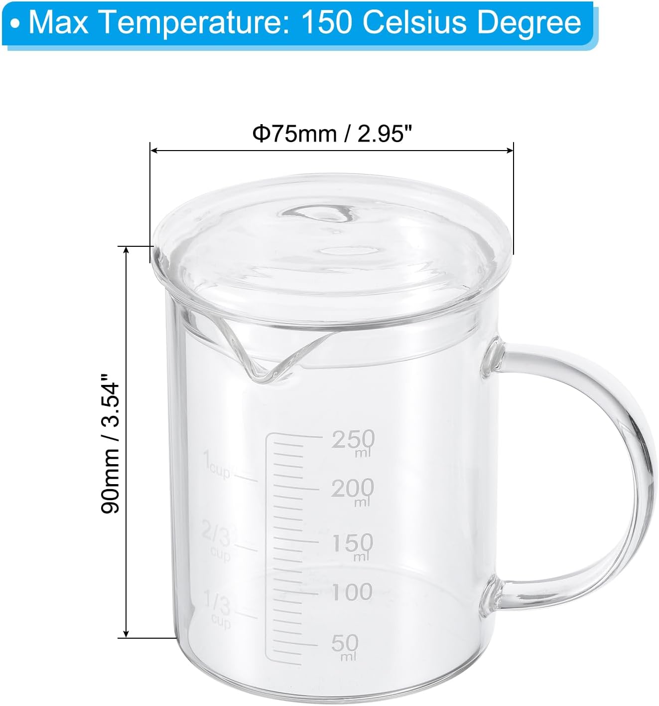 250ml Glass Measuring Cup, 3.3 Borosilicate Graduated Black Printed Scale Liquid Measure Cups Beaker with Glass Lid and V-Shaped Spout for Kitchen