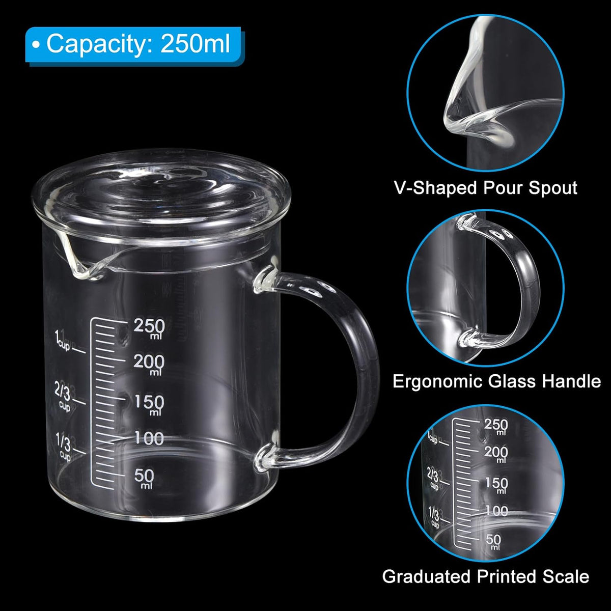 250ml Glass Measuring Cup, 3.3 Borosilicate Graduated Black Printed Scale Liquid Measure Cups Beaker with Glass Lid and V-Shaped Spout for Kitchen