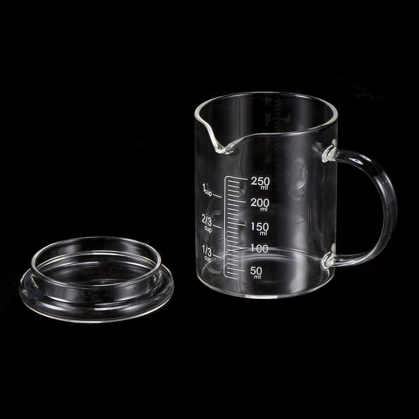 250ml Glass Measuring Cup, 3.3 Borosilicate Graduated Black Printed Scale Liquid Measure Cups Beaker with Glass Lid and V-Shaped Spout for Kitchen