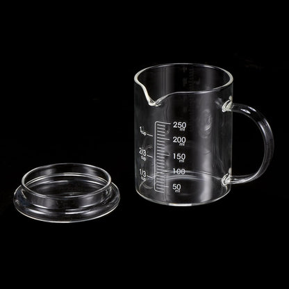 250ml Glass Measuring Cup, 3.3 Borosilicate Graduated Black Printed Scale Liquid Measure Cups Beaker with Glass Lid and V-Shaped Spout for Kitchen