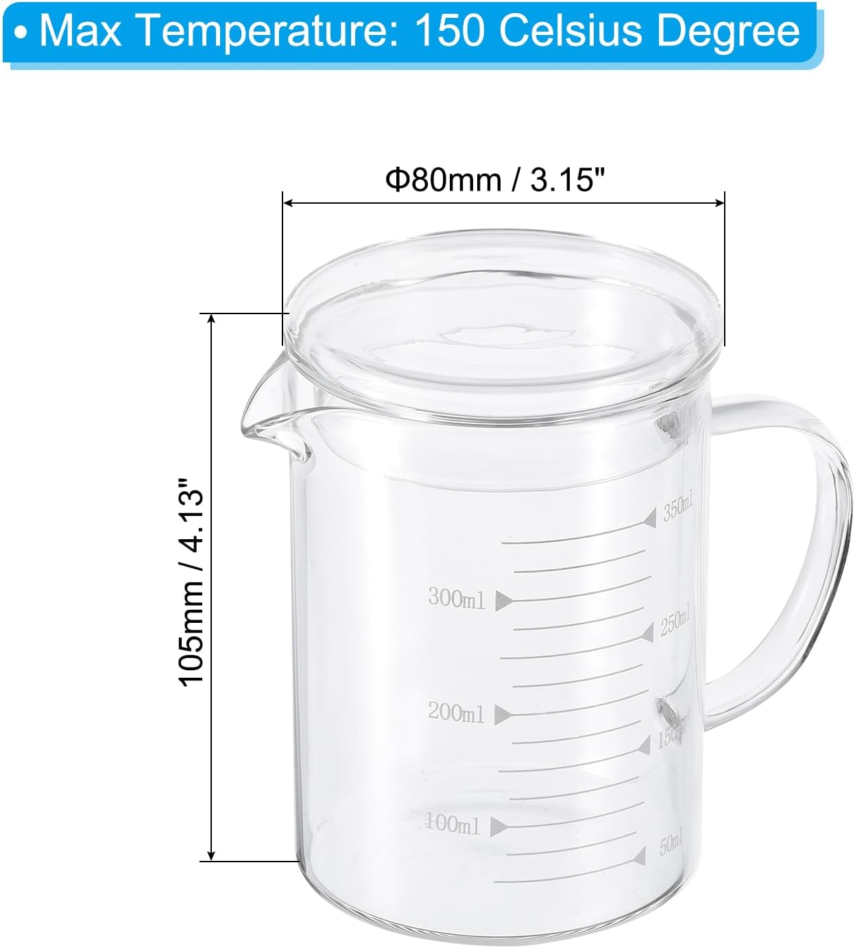 250ml Glass Measuring Cup, 3.3 Borosilicate Graduated Black Printed Scale Liquid Measure Cups Beaker with Glass Lid and V-Shaped Spout for Kitchen