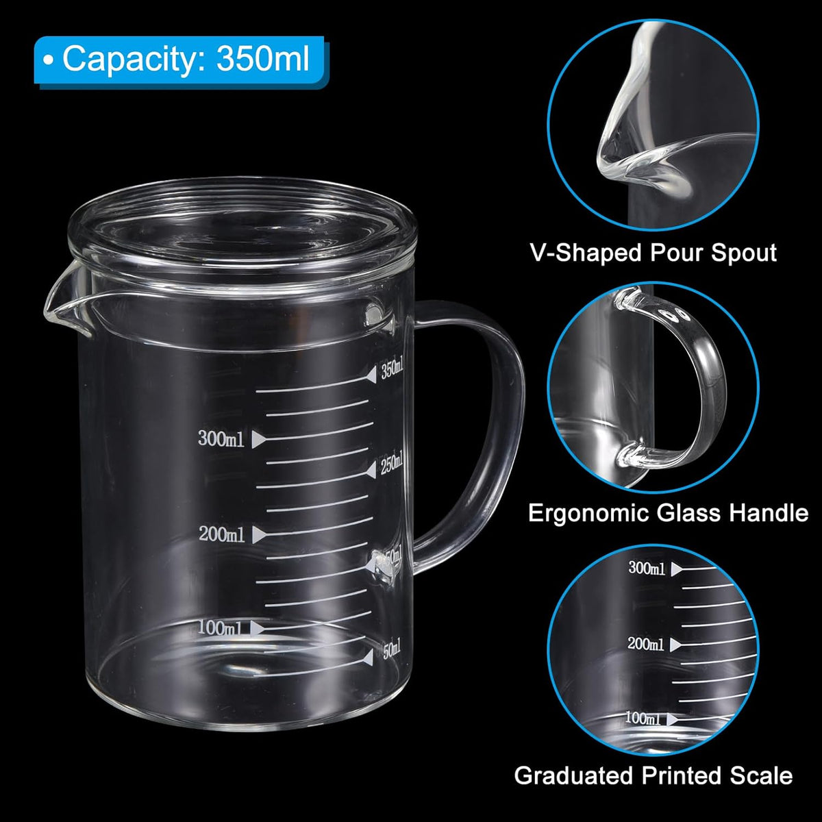 250ml Glass Measuring Cup, 3.3 Borosilicate Graduated Black Printed Scale Liquid Measure Cups Beaker with Glass Lid and V-Shaped Spout for Kitchen