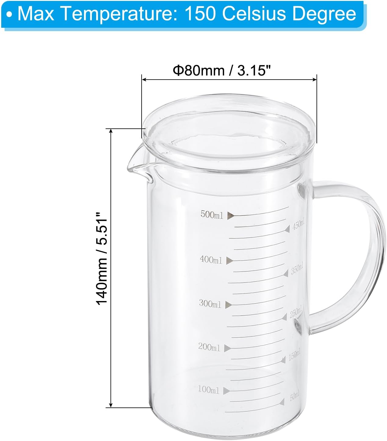 250ml Glass Measuring Cup, 3.3 Borosilicate Graduated Black Printed Scale Liquid Measure Cups Beaker with Glass Lid and V-Shaped Spout for Kitchen