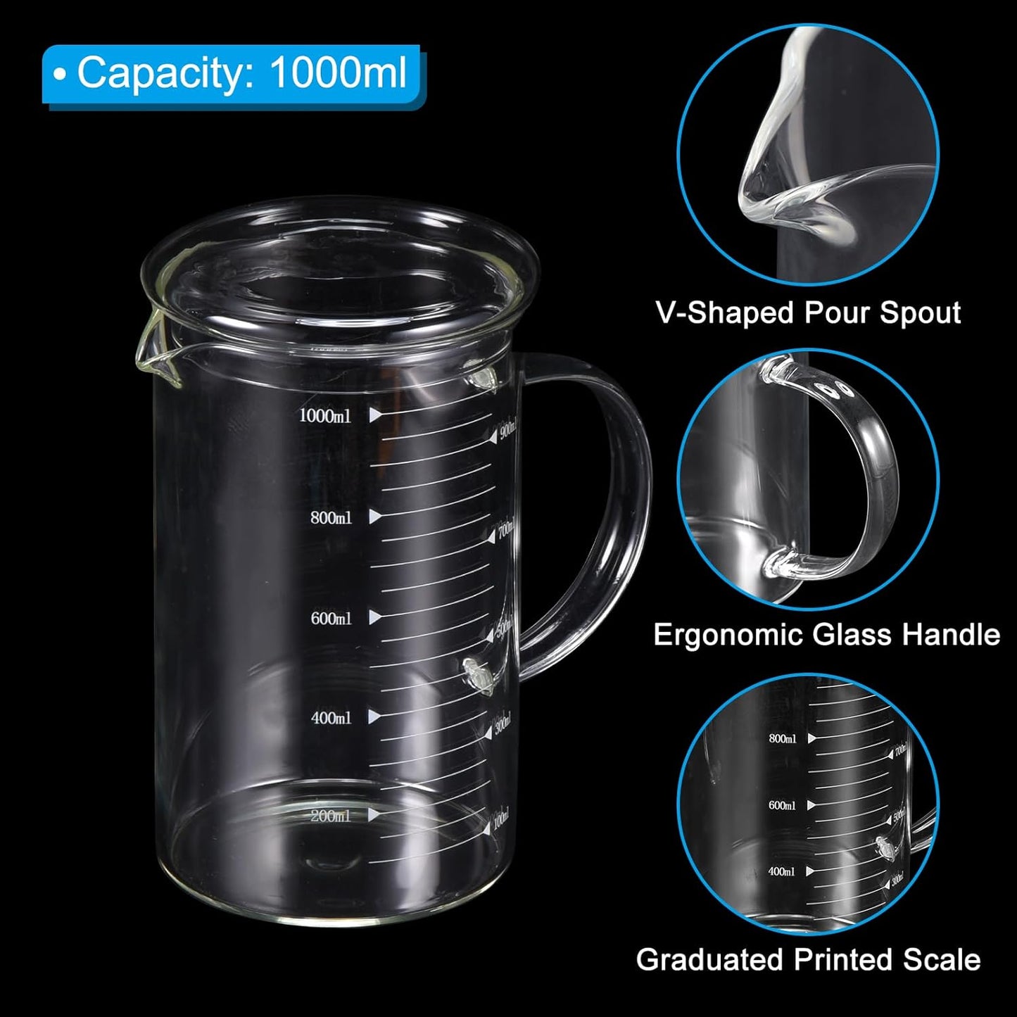 250ml Glass Measuring Cup, 3.3 Borosilicate Graduated Black Printed Scale Liquid Measure Cups Beaker with Glass Lid and V-Shaped Spout for Kitchen